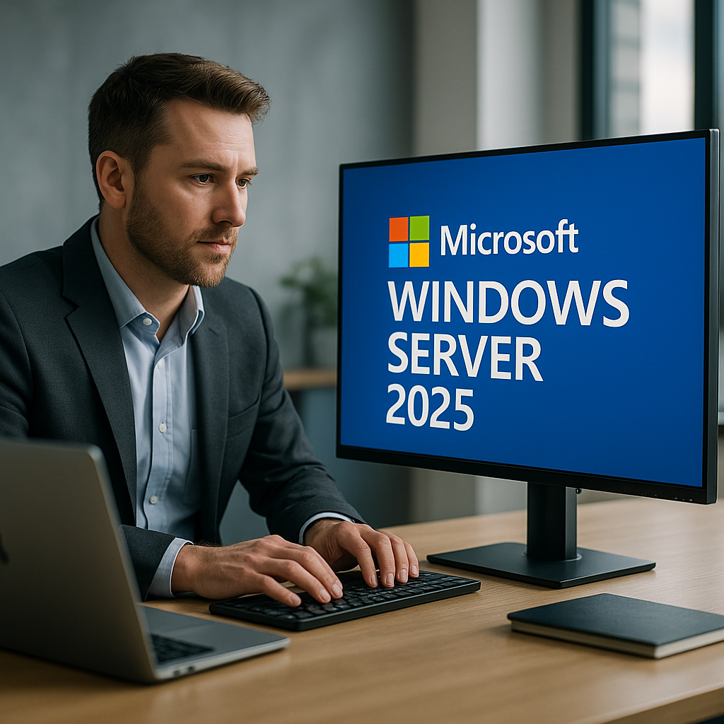 Business professional using Microsoft Windows Server 2025 on desktop computer