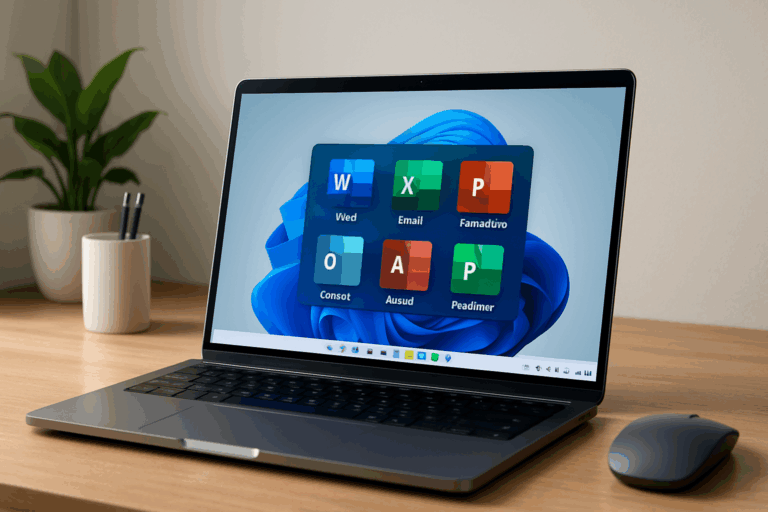 Windows 11 laptop showing Office 2021 Professional Plus app icons on a clean desk